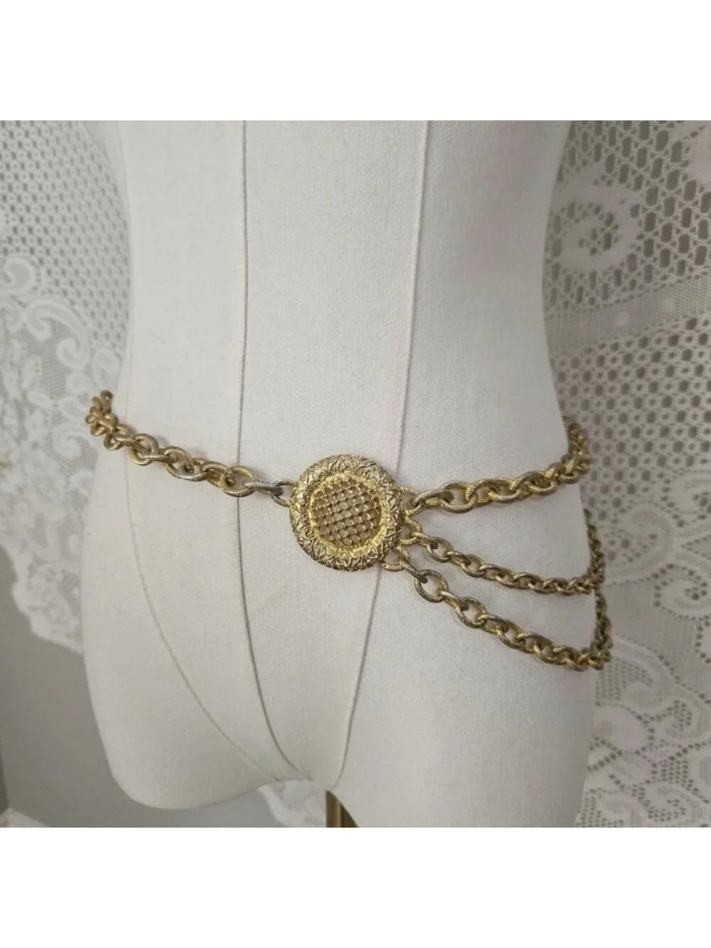 Vintage Gold Tone Chain Belt Ornate Medallion Draped Multi Strand Adjustable